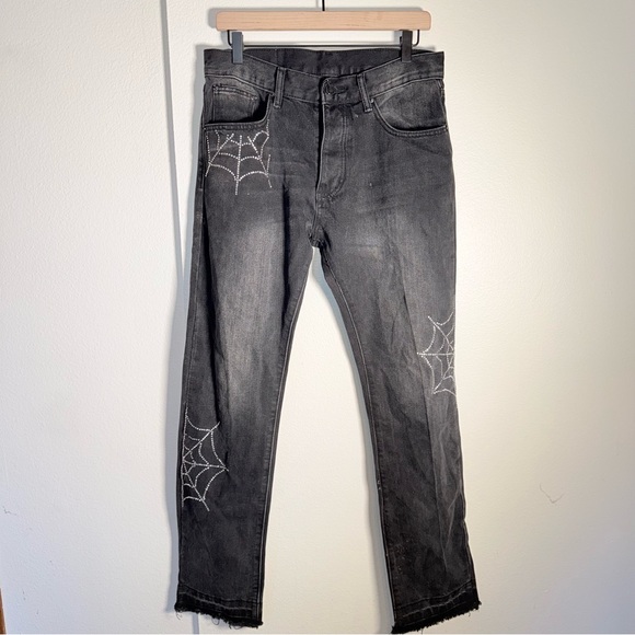 MNML Other - MNML gothic witchy whimsigoth rhinestone spiderweb raw hem jeans mens cut 31